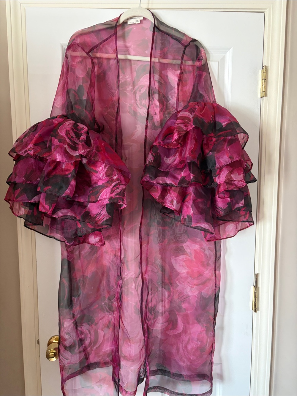 Anthropologie Pink Floral Sheer Ruffled Sleeve Kimono
